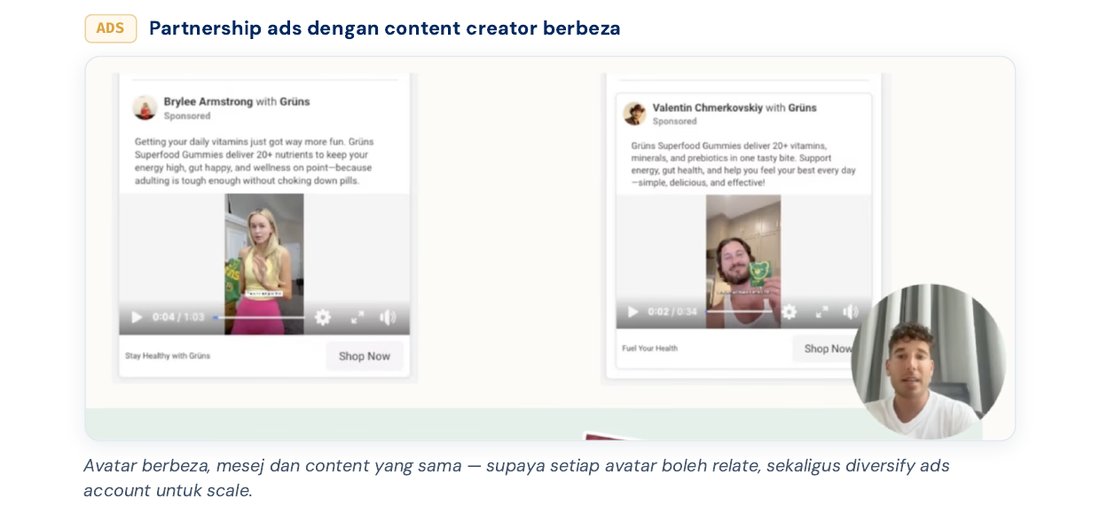Langkah 6 — Partnership ads dengan content creator berbeza, mesej yang sama